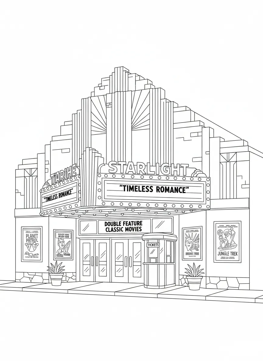 Coloriage adulte moyen cinéma vintage années 1950 Art Déco façade rétro PDF